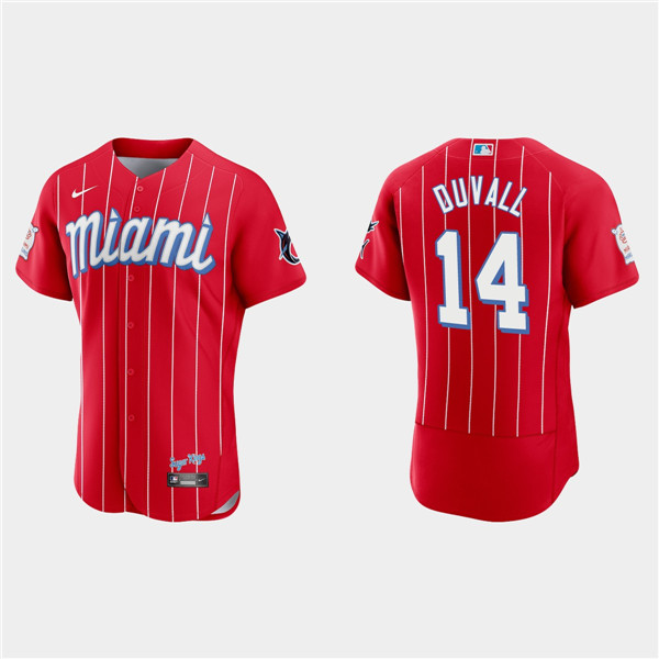 Men's Miami Marlins #14 Adam Duvall 2021 Red City Connect Flex Base Stitched Jersey Men's Miami Marlins #14 Adam Duvall 2021 Red City Connect Flex Base Stitched Jersey